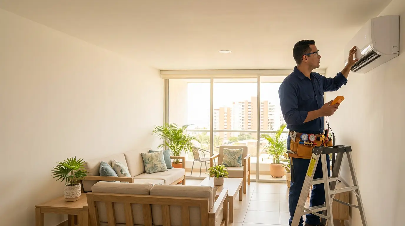 Técnico ilustrativo revisando un equipo de aire acondicionado en una vivienda